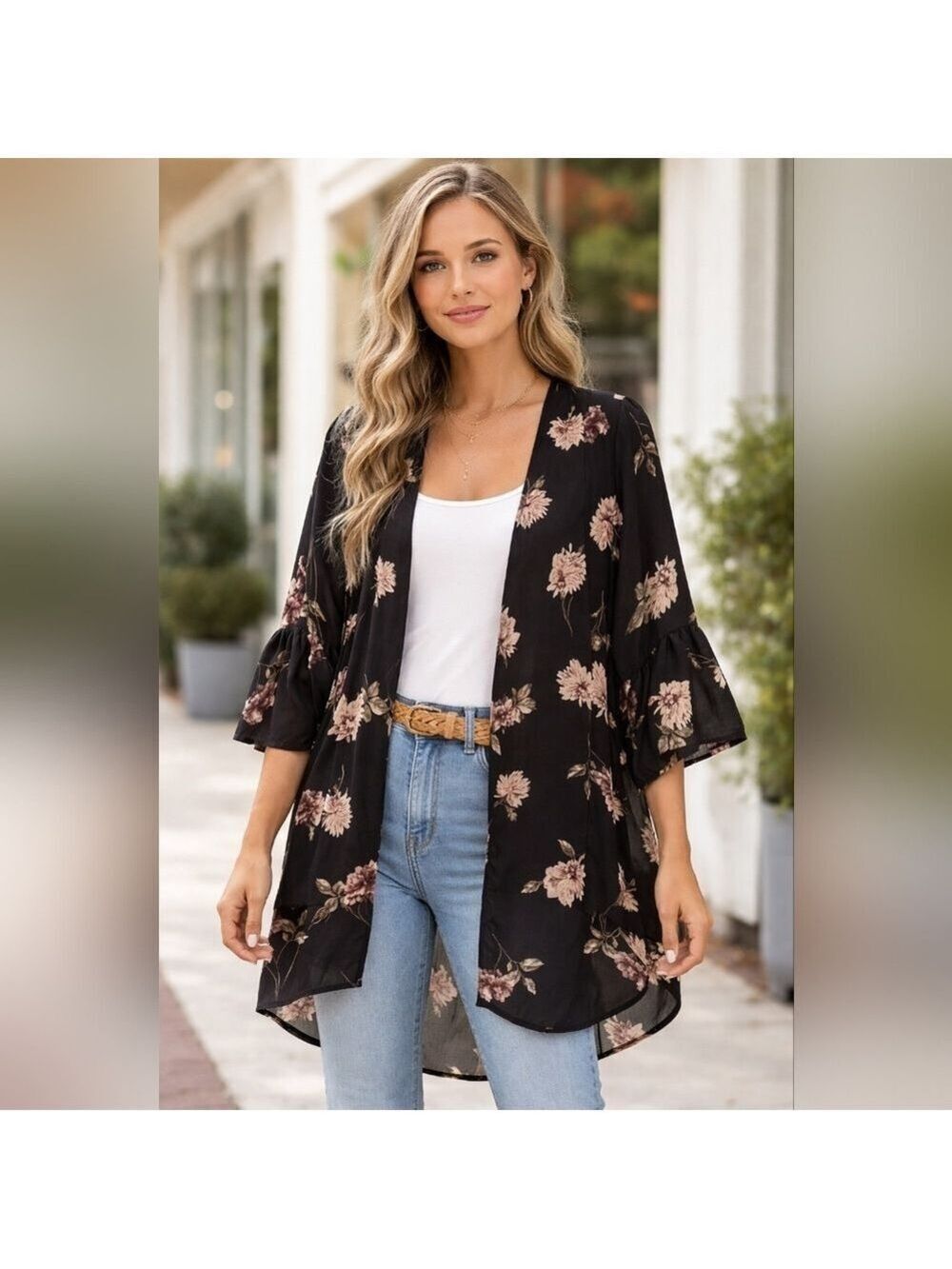 Black Floral Kimono Cardigan Duster | Boho Lightweight Layering Top | Women's